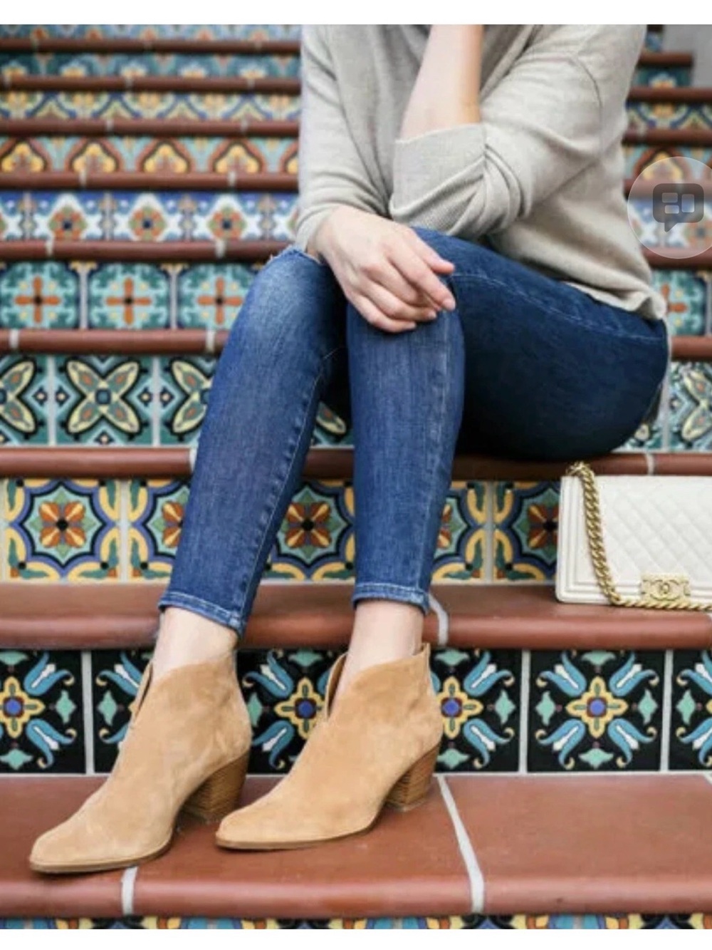 Vince Havana Notch Tan Suede Ankle Booties with Stacked Heel